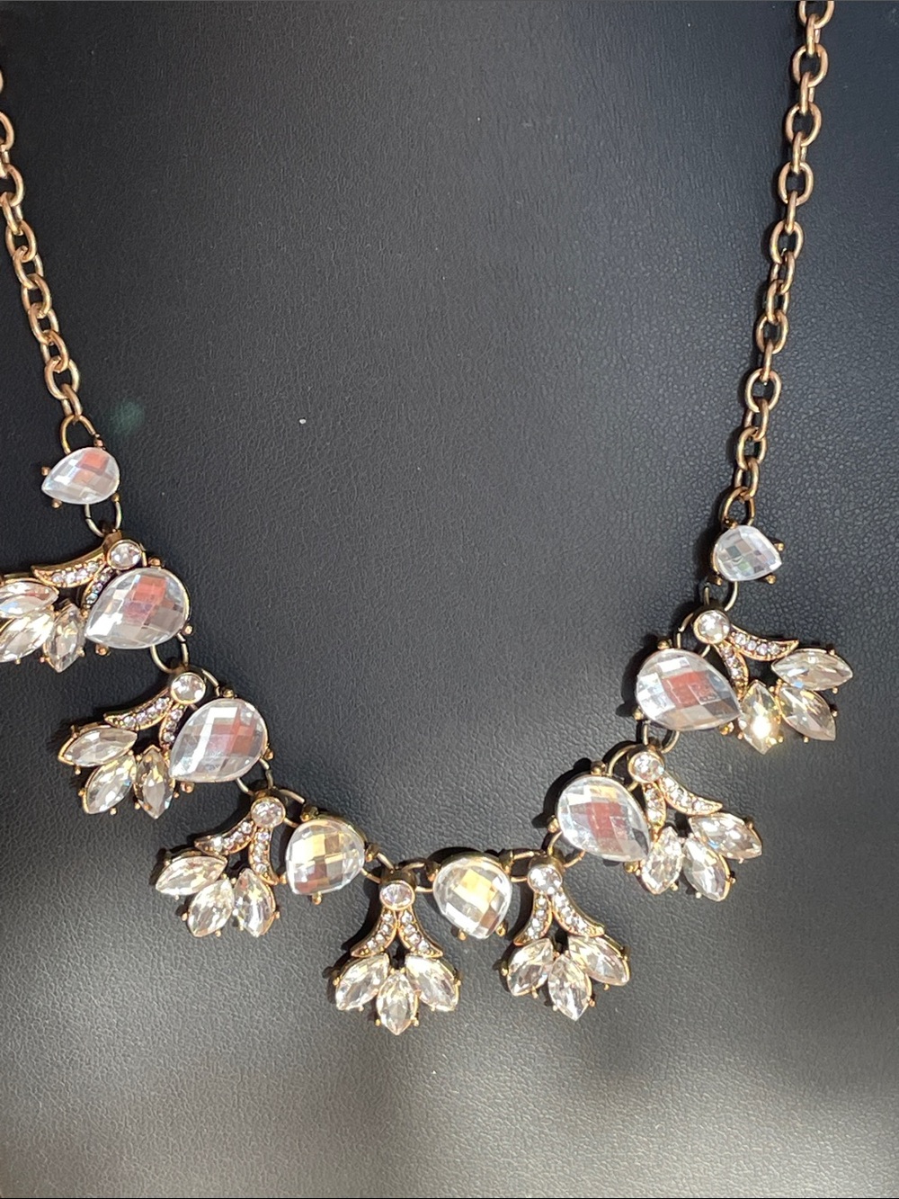 Gold-Tone Teardrop Crystal Statement Necklace - Clear 9” drop 3” ext
